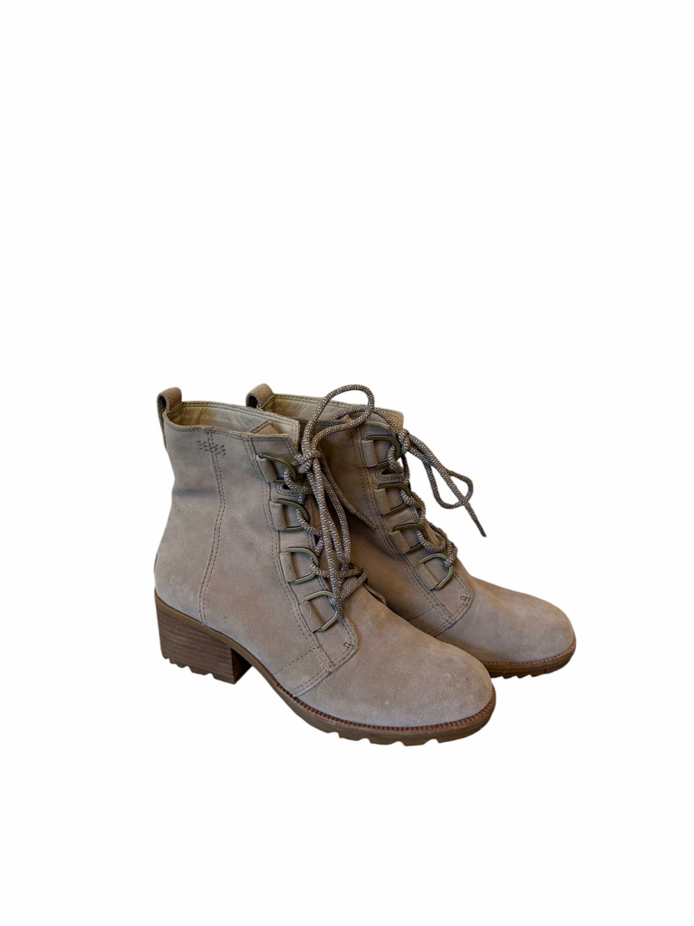 Sorel Women's Cate Lace Block Heel Ankle Booties Taupe Suede Size 8 Comfort - Picture 2 of 10